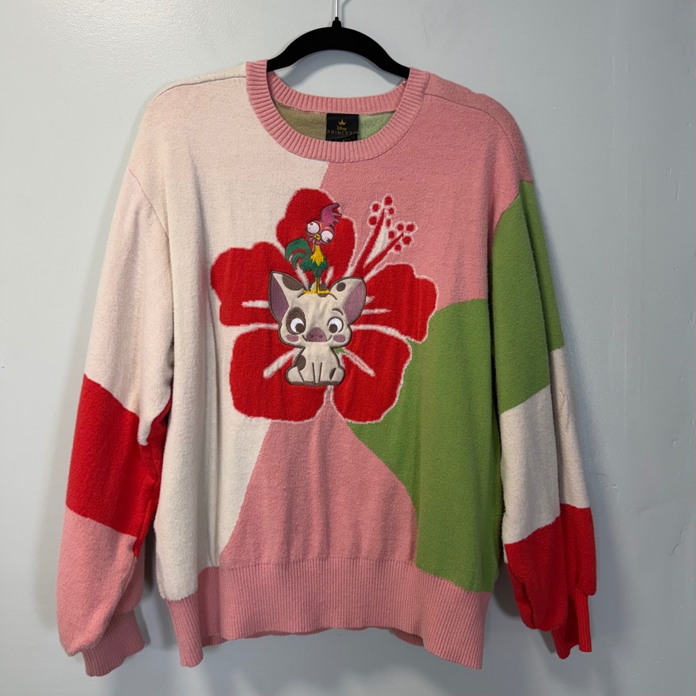 Disney Princess Moana Pua Hei Hei Colorblock Sweater Pink Green‎ Medium